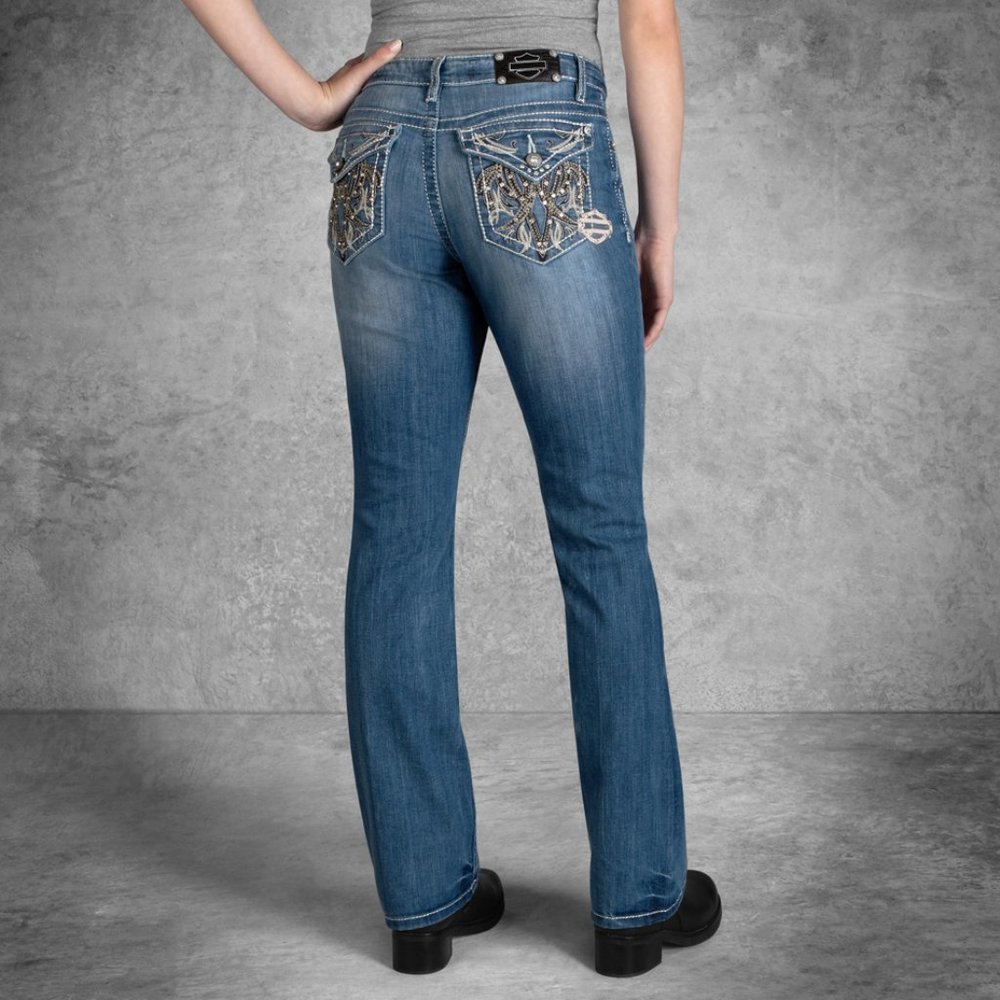 Harley Davidson- Women's Curvy Boot Cut Embellished Flap Mid Rise Jeans